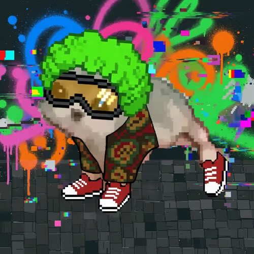 Pixel art NFT-style character with a green fuzzy hat, 3D glasses, a beard, patterned shirt, and red sneakers, set against a colorful graffiti background.