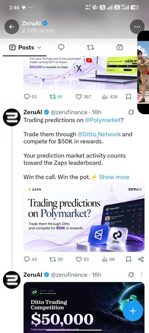 Screenshot of the ZerAI Twitter/X feed showing posts about trading predictions on Polymarket through Ditto Network, offering $50K in rewards with visible engagement metrics and Ditto Trading Competition promotion.