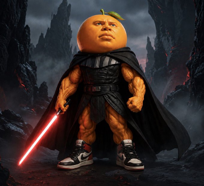 A highly muscular humanoid figure with an orange fruit for a head stands in a dark, rocky landscape, wearing a black cape and armor while wielding a red lightsaber and sporting black, white, and red high-top sneakers.
