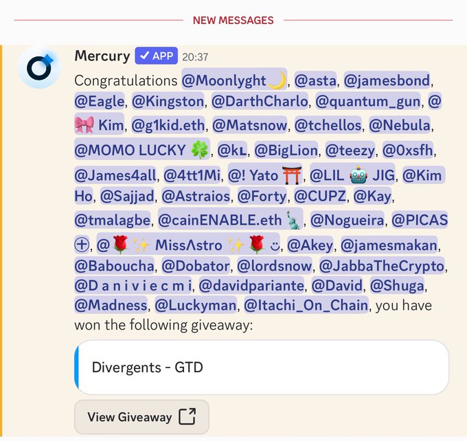 A Telegram notification from Mercury bot congratulating numerous users including @Moonlyght, @asta, @jamesbond, @Eagle, @Kingston, @DarthCharlo, @quantum_gun, @Kim, and others for winning a giveaway of 'Divergents - GTD' with a 'View Giveaway' button.