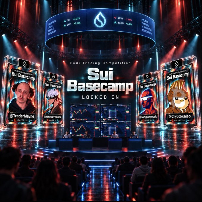 A futuristic arena setting promoting the 'Sui Basecamp' trading competition, featuring large screens displaying traders @TraderMayne, @MINH0NASTY, @martyartymusic, and @CryptoKaleo with 'LOCKED IN' tags.