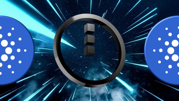 A 3D graphic featuring a dark circular ring with stacked black cubes inside, set against a starry background with blue light streaks and flanked by blue Cardano (ADA) logos.