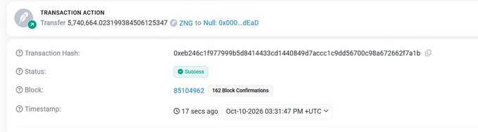 A blockchain transaction screenshot showing a transfer of 5,740,664.02 ZNG tokens with a success status, block 85104962, timestamped Oct-10-2026.