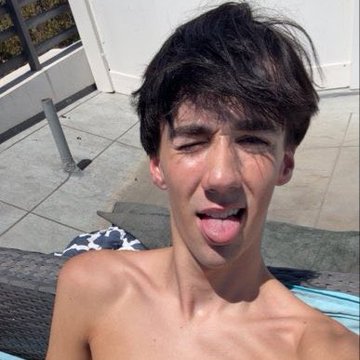 A shirtless young man with messy brown hair sticks his tongue out at the camera while lounging outdoors in bright daylight.