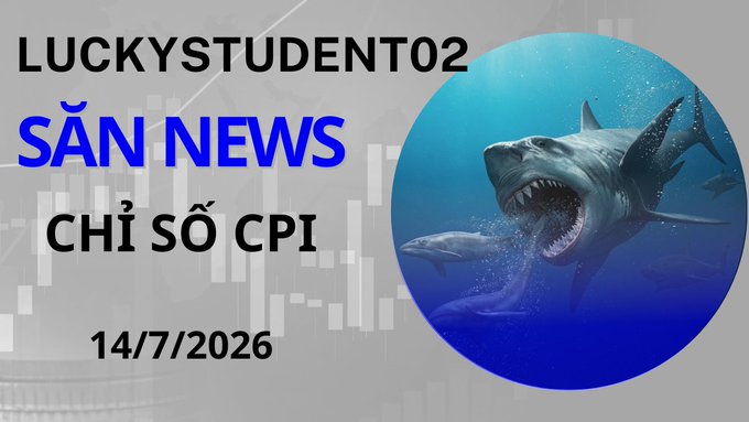 A thumbnail for "LUCKYSTUDENT02" titled "SĂN NEWS - CHỈ SỐ CPI" dated 14/7/2026, featuring a fierce shark underwater alongside candlestick chart graphics, visually symbolizing the volatile crypto market's reaction to upcoming CPI news that will shape BTC's near-term trajectory.