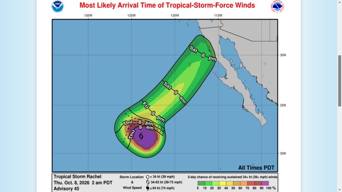A weather map titled "Most Likely Arrival Time of Tropical-Storm-Force Winds" showing Tropical Storm Rachel's projected path as of Thu, Oct. 8, 2026, Advisory 45, with colored zones indicating wind arrival times from Thursday through Saturday.