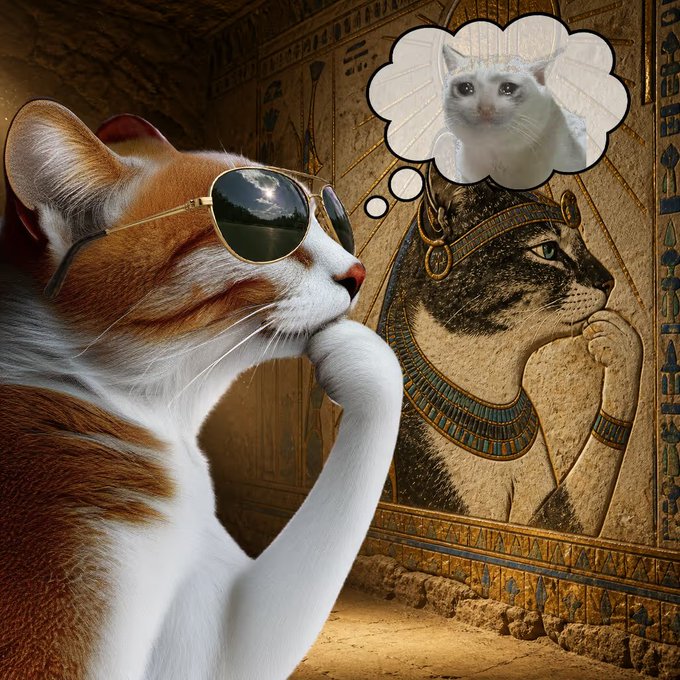 An orange and white cat wearing aviator sunglasses poses thoughtfully in front of an ancient Egyptian wall mural depicting the cat goddess Bastet, with a thought bubble revealing a white cat symbolizing the prophetic vision of the "$HMM" meme token—suggesting that ancient feline wisdom predicted the rise of this crypto phenomenon.