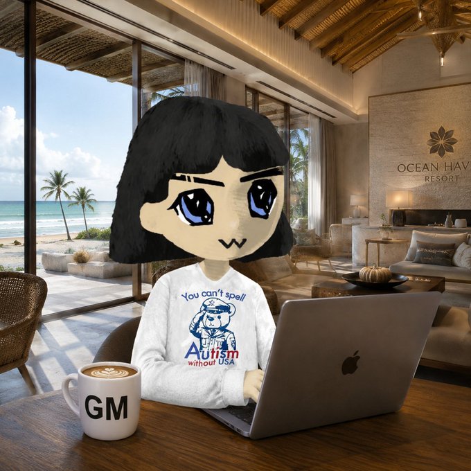 A cartoonish character with black hair and large blue eyes sits at a laptop in a luxurious beach resort setting, wearing a white shirt reading 'You can't spell Autism without USA'.