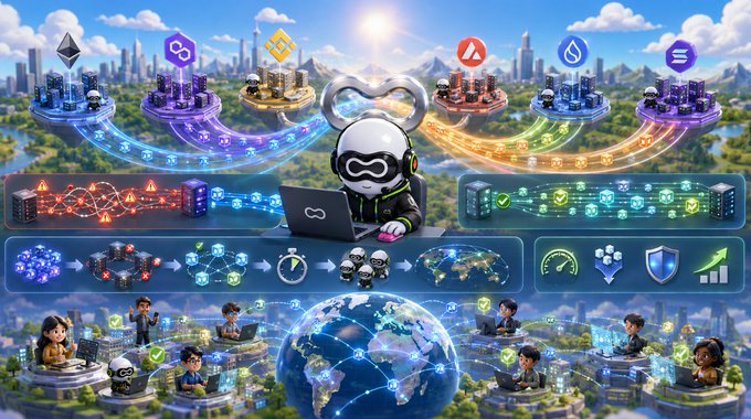 A futuristic digital illustration depicting a character wearing a VR-style headset working at a laptop, surrounded by glowing data networks, interconnected cityscapes, and a globe, representing a global cryptocurrency ecosystem.