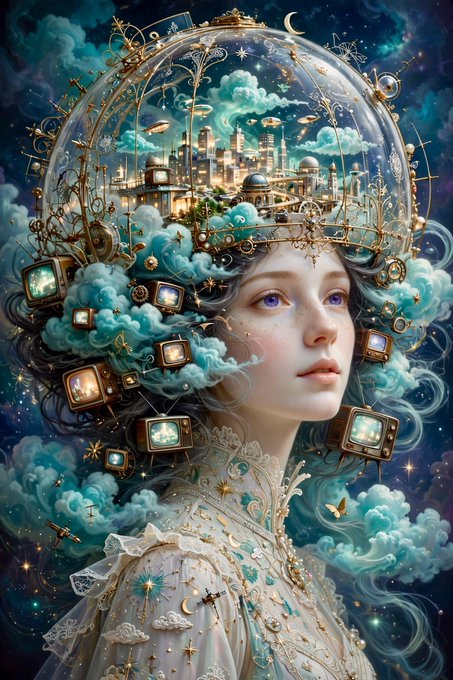 A surreal digital illustration of a woman wearing an elaborate headpiece containing a cityscape and surrounded by floating old-fashioned TVs, clouds, and gears.