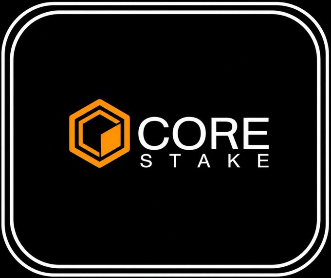 A black logo with rounded corners featuring an orange hexagonal cube icon next to the white text 'CORE STAKE'.