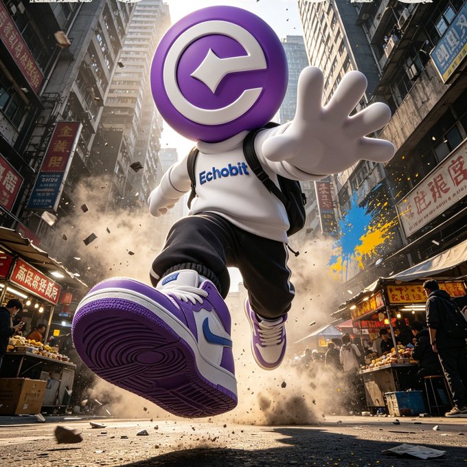 A dynamic digital illustration features a character with a purple "E" logo for a head, wearing a sweatshirt labeled "Echobit" and purple sneakers, leaping through a bustling Chinese market street with debris flying.