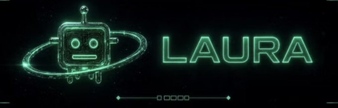 A glowing green neon-style logo featuring a robot head inside an orbital ring, accompanied by the name "LAURA" in large letters.