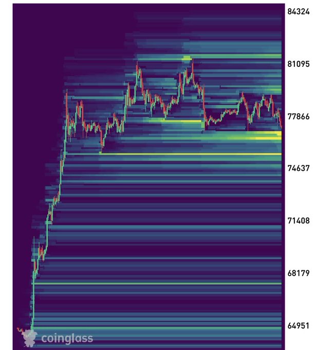 A financial chart from Coinglass displaying horizontal data bands with a candlestick price line moving upward from approximately 64,951 to peaks above 81,095.