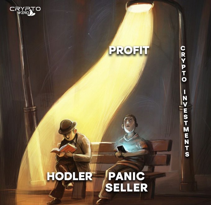 An illustration showing two men on a bench under a streetlamp labeled 'PROFIT' and 'CRYPTO INVESTMENTS'; one man labeled 'HODLER' reads a book calmly while the other labeled 'PANIC SELLER' stares anxiously at his phone, with 'CRYPTO WIZRD' in the top left.