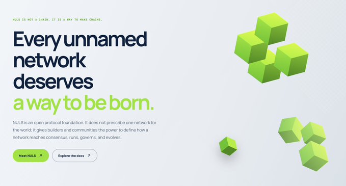 A website hero section for "NULS" with the tagline "NULS IS NOT A CHAIN. IT IS A WAY TO MAKE CHAINS," featuring the headline "Every unnamed network deserves a way to be born" alongside floating green 3D cubes.