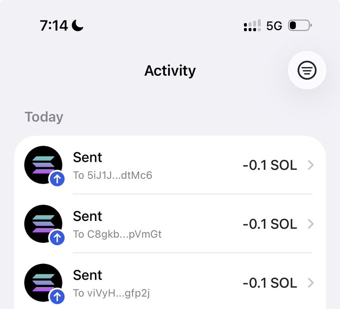 A mobile screenshot of a crypto wallet's Activity tab showing three "Sent" transactions of -0.1 SOL each to addresses starting with 5iJ1J, C8gkb, and viVyH, confirming the SOL prize transfers to the giveaway winners mentioned in the post.