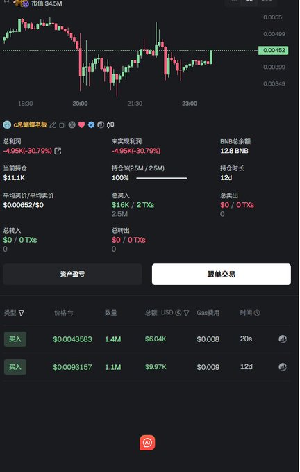 A trading portfolio screenshot showing a meme coin (ticker obscured) with a -30.79% unrealized loss of -$4.95K, featuring a candlestick chart that appears to be forming a "butterfly" pattern near the $0.00452 support level, with two buy transactions recorded at $0.0043583 and $0.0093157. The image illustrates the "sketchy butterfly zone" referenced in the post, showing the trader continues accumulating despite the significant drawdown on the 0xe9337dde3dd9e97f1f45a56412767ce5098e7777 wallet.