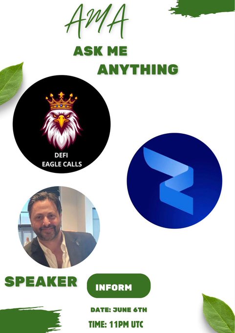 The image features an advertisement for an AMA session, with two logos displayed side by side - one of a man wearing a crown and the other of a blue bird. The text on the poster reads "AMA Ask Me Anything" followed by three bullet points about Defi Eagle Calls, which are scheduled to take place at 6th June-Saturdays. The post also mentions that there is an information session for this event happening on Saturday, June 6th at 11:30 pm.