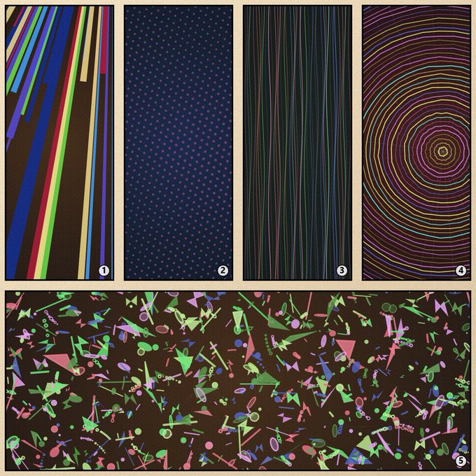 Five numbered neon-colored abstract patterns on a black background, including stripes, dots, vertical lines, concentric circles, and scattered shapes.