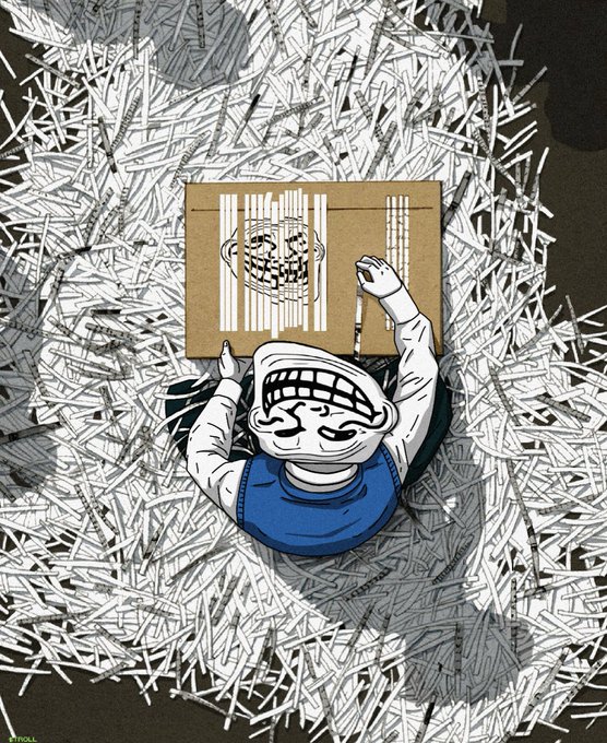 A cartoon troll character in a blue shirt is buried under shredded paper strips while reaching up toward a cardboard box labeled "TROLL." The image visually reinforces the post's trolling theme of dominating the market, with the troll appearing to emerge triumphantly from the shredded mess as a symbol of $TROLL's memecoin power.