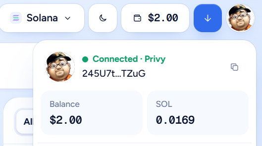 A screenshot of a Solana wallet interface showing a connected account "Privy" with the address 245U7t...TZuG, displaying a balance of $2.00 (0.0169 SOL). The image illustrates the post's claim about successfully receiving the $2 reward in just 5 minutes, despite skepticism from KOLs labeling it a scam.