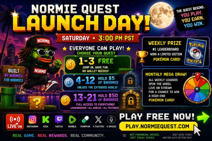 A vibrant promotional graphic for 'NORMIE QUEST LAUNCH DAY!' on Saturday at 3:00 PM PST, offering free play options and prizes including limited edition Pokémon cards.
