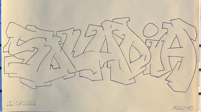 A black ink graffiti sketch of stylized bubble letters on paper dated 22.07.026, signed 'MOGU495' in the bottom right corner.