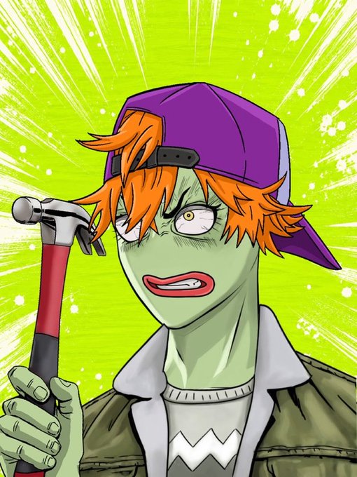 An anime-style illustration of a green-skinned character with orange hair wearing a purple cap backward, holding a hammer against a bright green background.