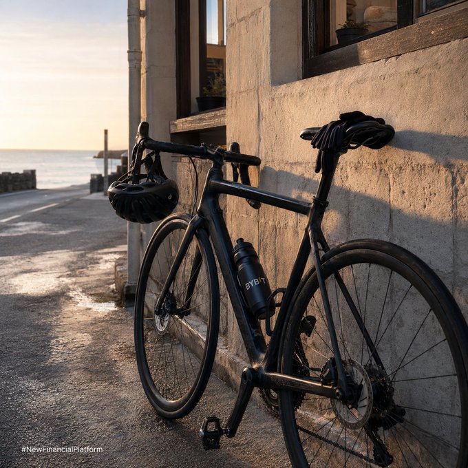 A black road bicycle with a helmet and water bottle leaning against a stone wall in a coastal setting at sunset, with a hashtag '#NewFinancialPlatform' in the corner.