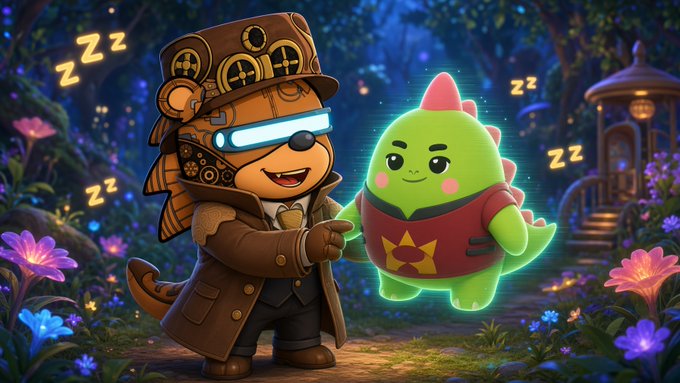 Two adorable cartoon characters—a steampunk-styled robot monkey in goggles and a glowing green dinosaur mascot—are shown sleeping amid a magical garden setting, with "Zz" symbols floating around them to emphasize rest. The whimsical sleep-themed mascots visually reinforce the post's message about the sleep challenges that the @sleepagotchi project aims to address.