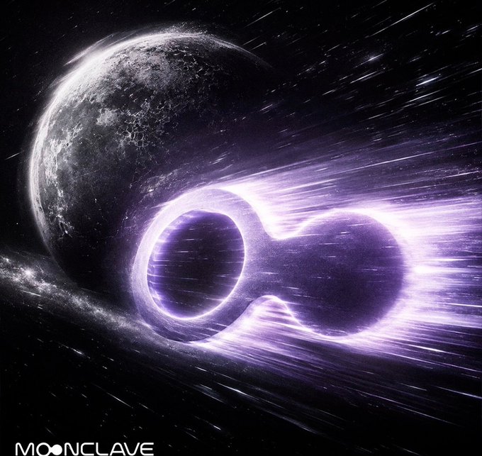 An artistic illustration featuring a planet and an infinity symbol with purple energy effects against a starry space background, branded 'MOONCLAVE'.