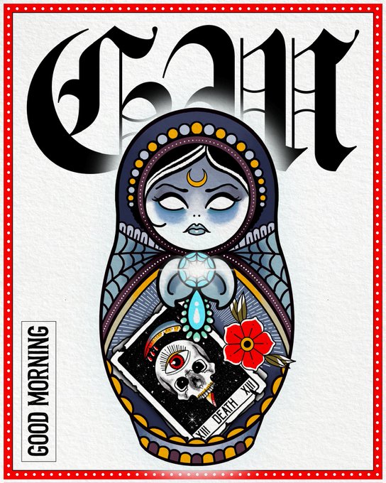 An illustration featuring gothic-style artwork with the word "GANT" in Old English lettering at the top, depicting a stylized matryoshka doll figure with a crescent moon on its forehead holding a red flower and a skull with tarot cards reading "XIII DEATH".