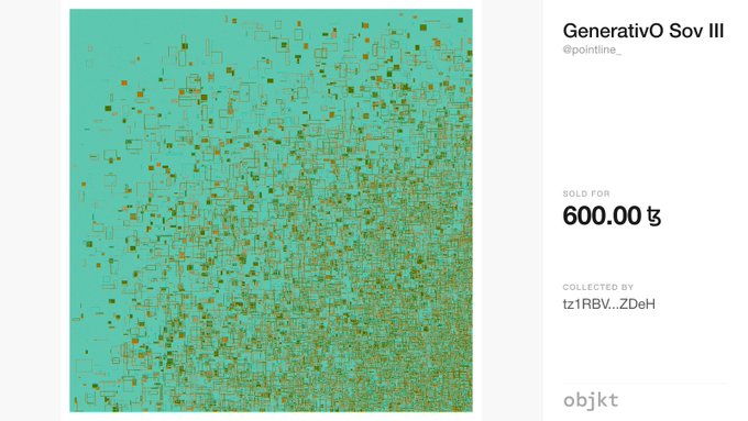 A generative digital artwork titled "GenerativO Sov III" by @pointline_, displayed on what appears to be an objkt platform showing it sold for 600.00 ₺, collected by tz1RBV...ZDeH, featuring scattered pixelated shapes on a teal background.