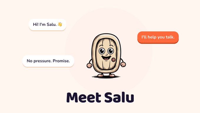 A promotional graphic introduces 'Meet Salu' with a cartoon peanut character in the center, surrounded by chat bubbles saying 'Hi! I'm Salu.', 'No pressure. Promise.', and 'I'll help you talk.'