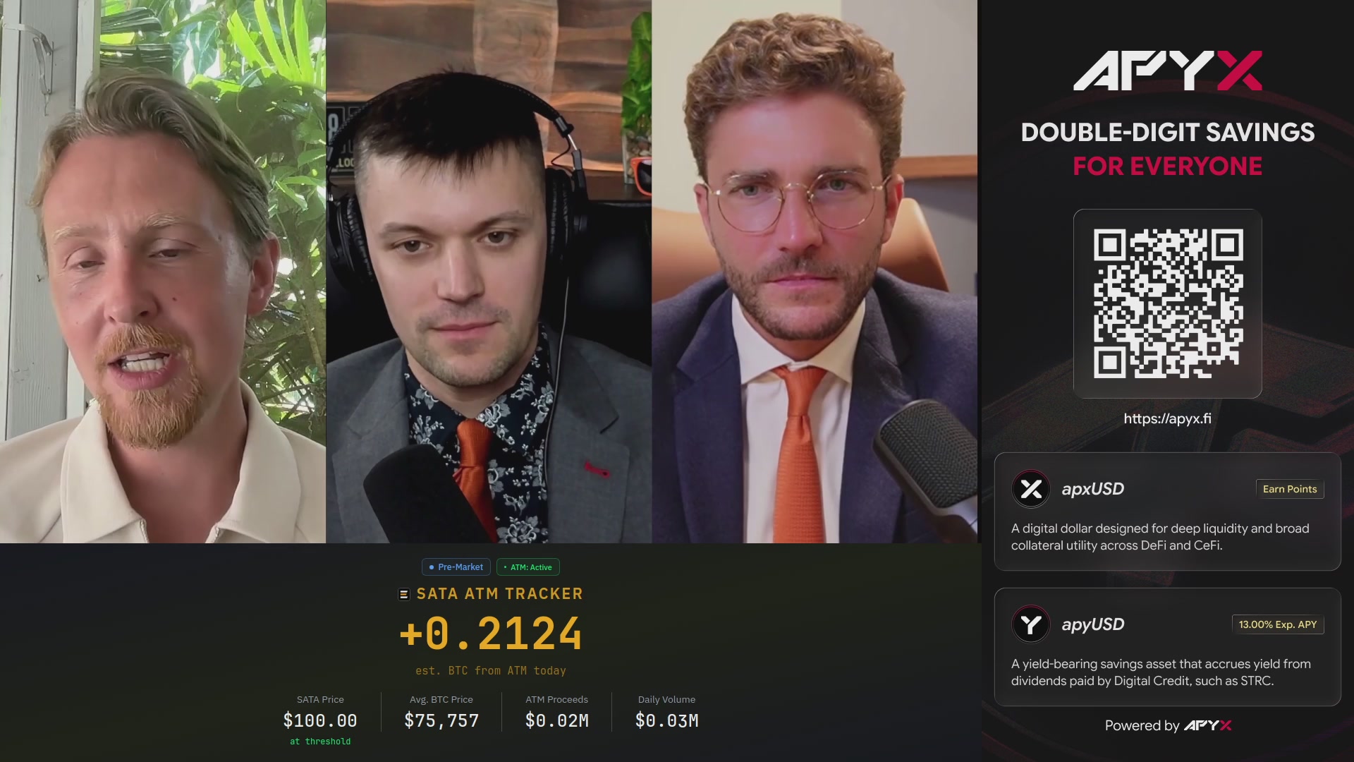 The image shows a poster with four men's faces, each wearing headphones, sitting behind microphones. The poster also displays a list of numbers and text related to Bitcoin accumulation.