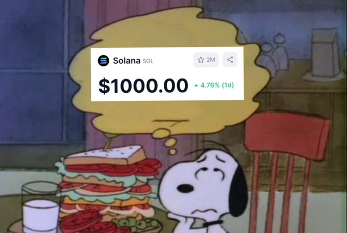 A still from a Peanuts cartoon shows Snoopy sitting in front of a massive sandwich, dreaming of a price tag that reads 'Solana SOL $1000.00' with a green up arrow showing '4.76% (1d)'.