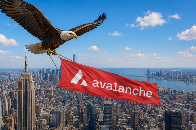 A composite image showing a bald eagle flying over the New York City skyline, clutching a red banner that reads "avalanche" with its triangular logo.