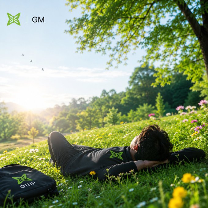 A photograph of a person lying in a sunlit grassy field with wildflowers, wearing a black hoodie with a green logo, next to a bag labeled 'QUIP', with a 'GM' butterfly logo in the top left corner.