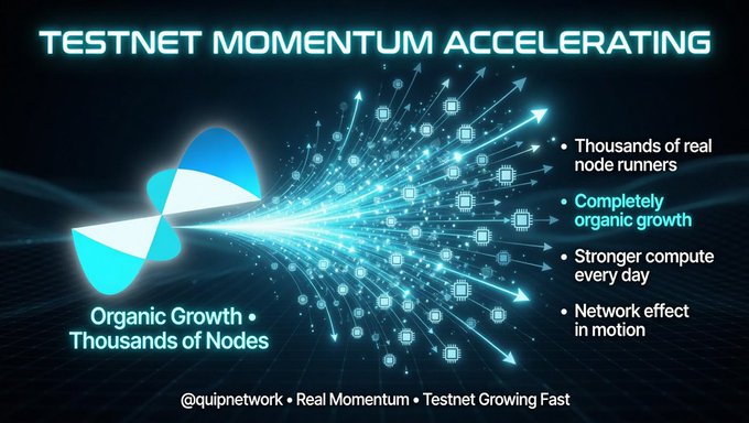 The image features a blue and white logo with a large arrow pointing towards a blue explosion of dots. The text above the image reads "Testnet Momentum Accelerating", while below the image, there are bullet points explaining the concept of Testnet momentum acceleration in detail.