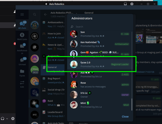 A screenshot of the Axis Robotics Telegram group showing the administrators list, with a green box highlighting 'fycee 2.0' as a Regional Leader promoted by Ace.