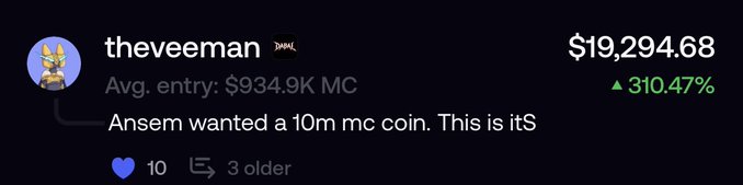 A screenshot of a Polymarket profile for "theveeman" showing $19,294.68 in profit (up 310.47%) with a comment stating "Ansem wanted a 10m mc coin. This is it," related to a post highlighting one of the top holders of $ANSEM and the $VEEMAN token.