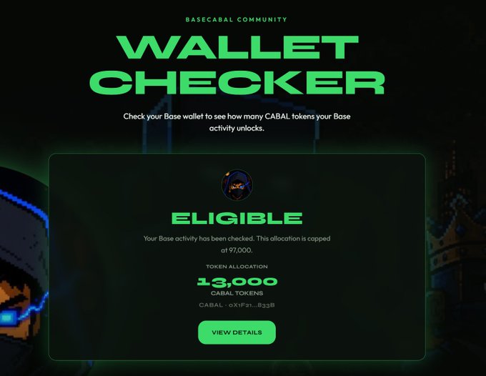 A BaseCabal Community "Wallet Checker" tool interface displaying "ELIGIBLE" status with an allocation of 13,000 CABAL tokens for Base chain activity, matching the post's claim that checking at cabal.sentralab.xyz rewards users without requiring wallet connection.