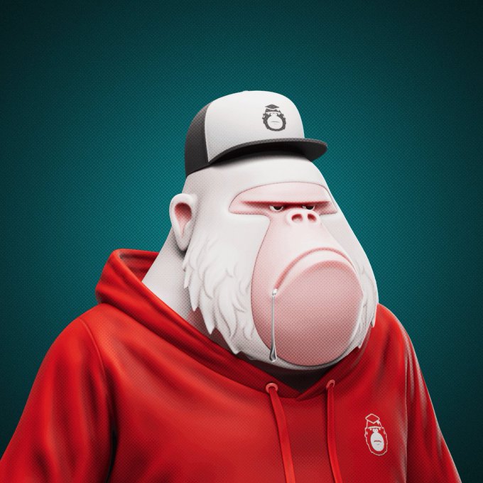 A 3D rendered illustration of a white gorilla wearing a red hoodie and a black and white baseball cap against a dark green background.