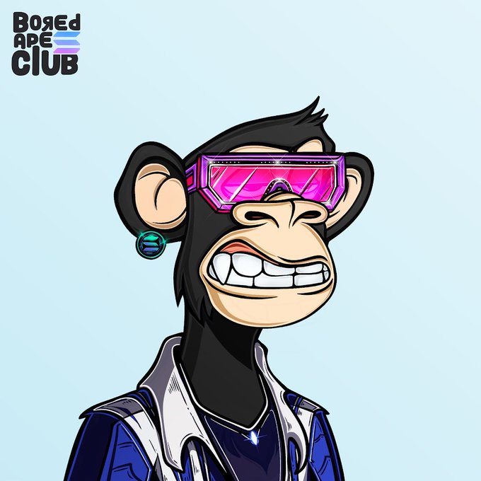 A stylized cartoon ape with pink futuristic sunglasses and a teal earring grins widely while wearing a blue and white jacket, with "Bored Ape Club" text in the top-left corner—representing a new NFT added to the collector's growing "Apes stronger together" collection.