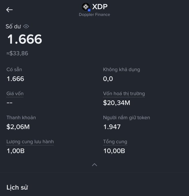 A mobile app screenshot showing the XDP (Doppler Finance) token balance of 1.666 (~$33.86), with a total supply of 10.00B and 1,947 token holders.