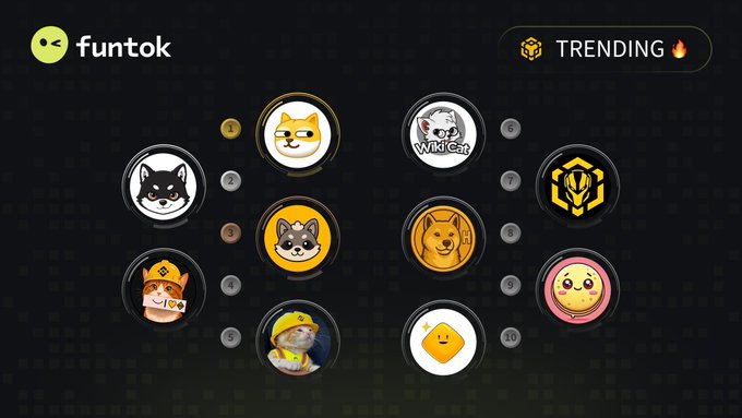 Screenshot of the 'funtok' platform showing a 'TRENDING' section with 10 numbered circular meme coin icons, including a Shiba Inu, WikiCat, and various cartoon characters.