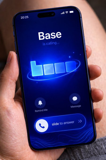 A hand holds an iPhone showing an incoming call from "Base" with the Base logo and a "slide to answer" button.