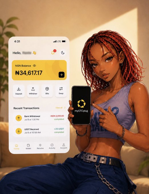 A stylized animated illustration shows a young woman with red locs holding a phone displaying the "myOTCplug" app, alongside a floating screenshot of the platform showing an NGN balance of ₦34,617.17, a "Bank Withdrawal" of -NGN 2,000.00, and a "USDT Received" of +25 USDT. The image visually reinforces the post's testimonial about discovering @myotcplug_ as a faster, better-rate crypto-to-naira conversion platform.