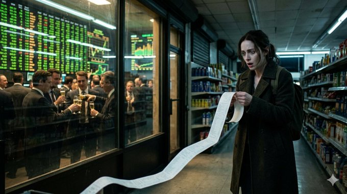 The image shows a woman holding a large piece of paper, possibly a receipt or a bill, as she stands in front of a store window with other people present. The scene takes place inside a grocery store where various items can be seen on shelves, including bottles and wine glasses. A man is also visible in the background near the top left corner of the image. The post about Bitcoin and the economy seems to be related to the woman's situation as she holds her paper, possibly discussing or contemplating its contents with others around her.